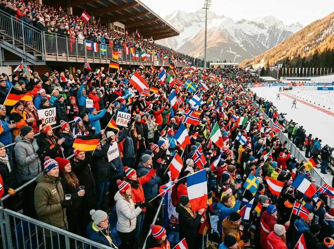 Препълнени трибуни на биатлонна арена в Антхолц по време на финал